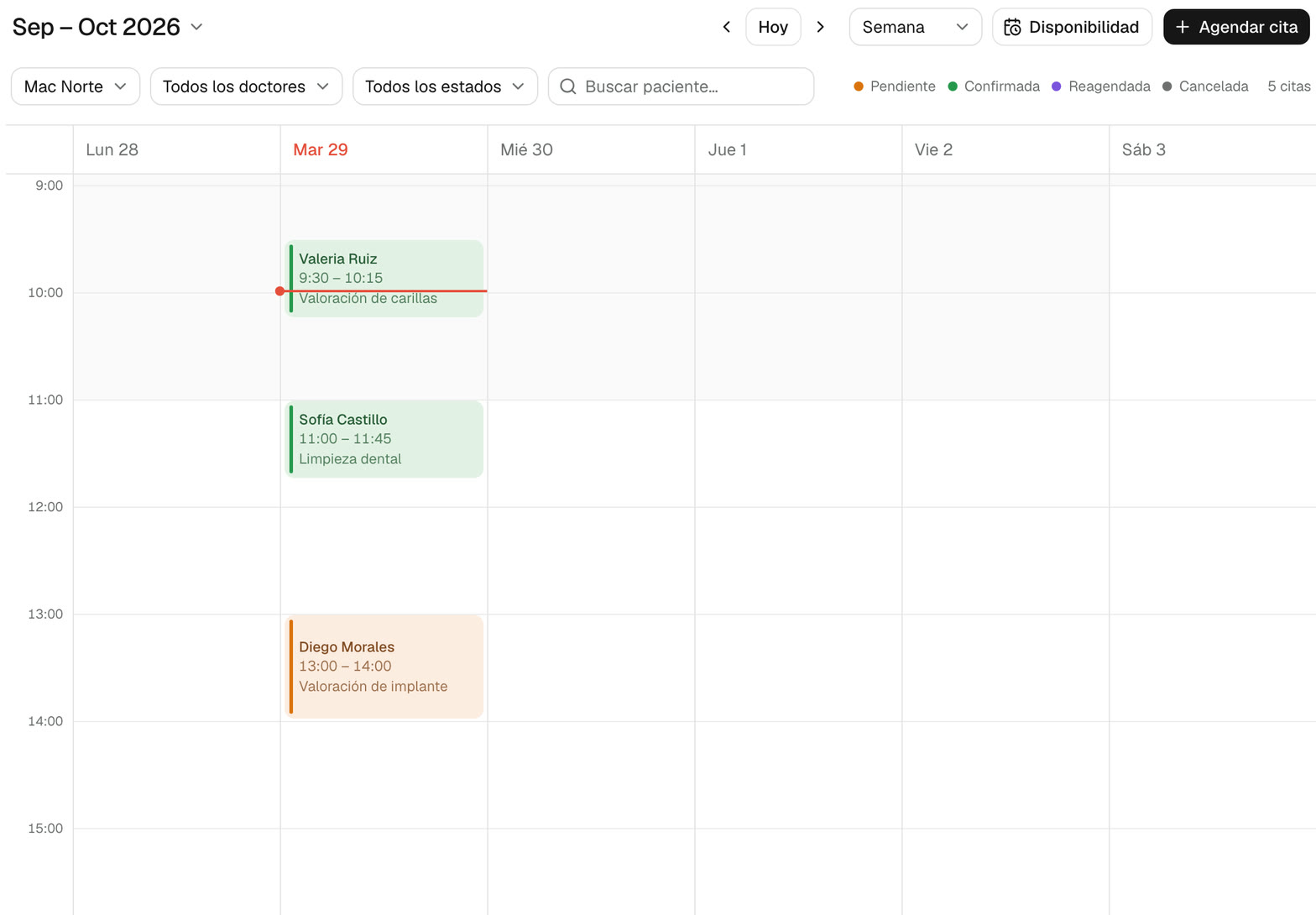 Calendario semanal con las citas de la sucursal de lunes a sábado.