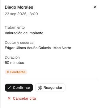 Detalle de una cita pendiente con los botones Confirmar, Reagendar y Cancelar cita.