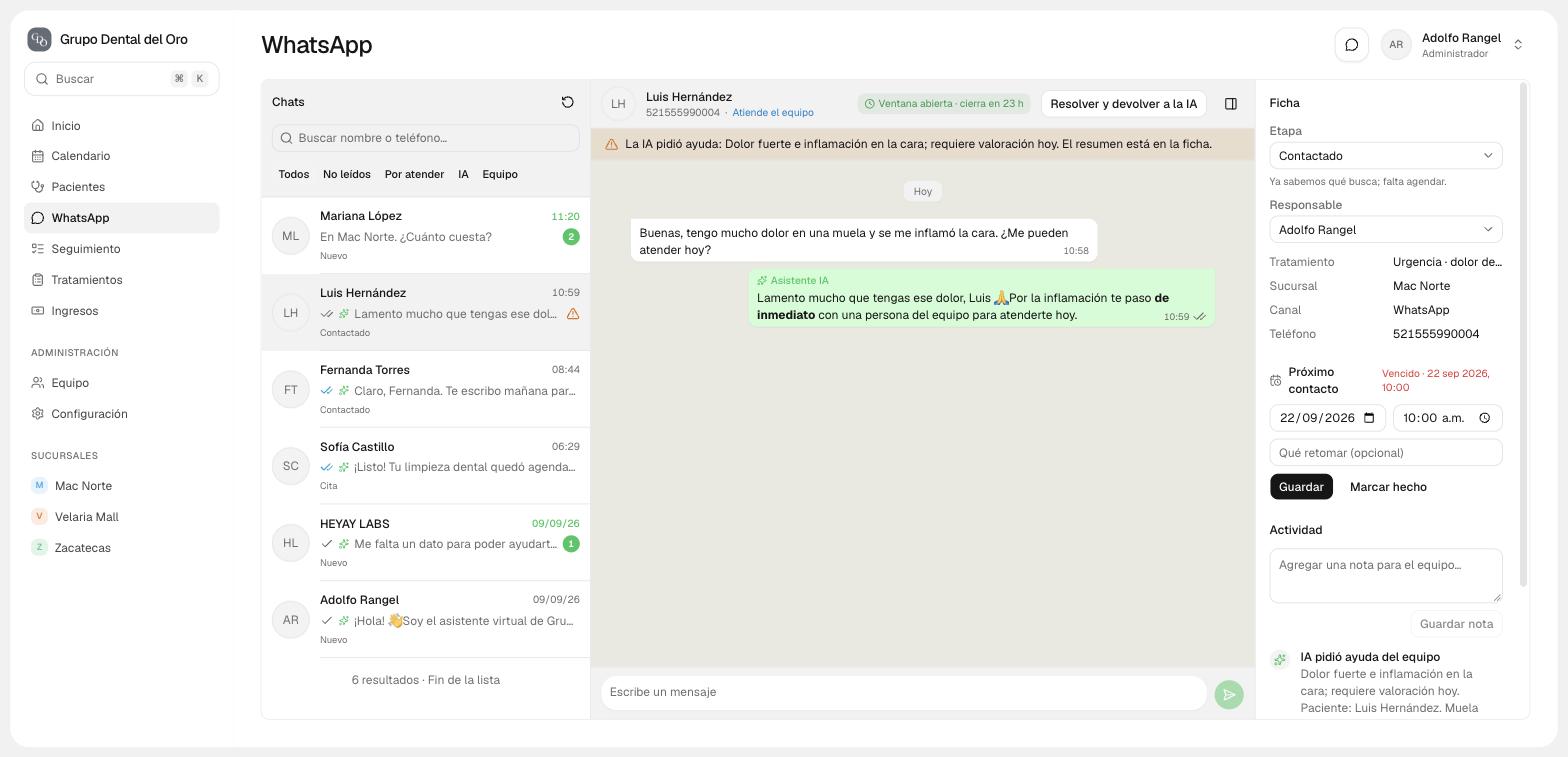 Chat con aviso: la IA pidió ayuda por dolor fuerte e inflamación; botón Resolver y devolver a la IA.